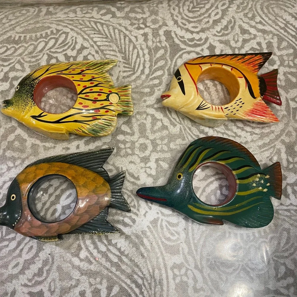 Tropical Fish Napkin Rings Set 4 Hand Painted Colorful Beachy Decor